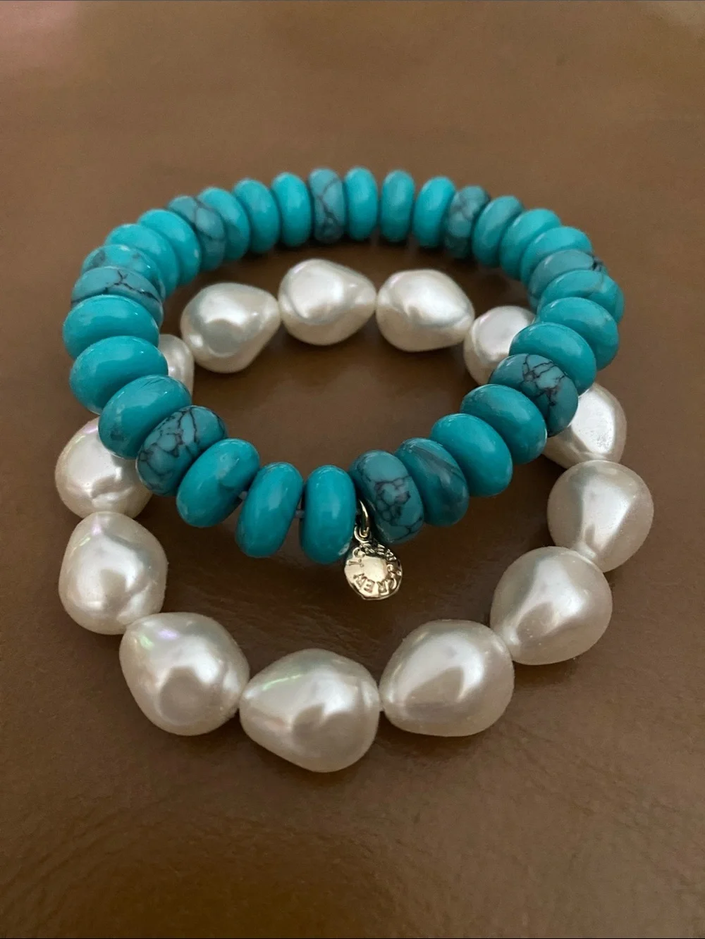 J Crew Bracelet Stack Chunky Pearl and Turquoise Bead on Stretch Elastic NWOT